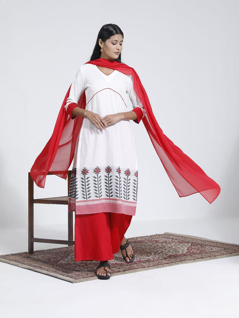 Vastramay Women's Cotton Jacquard Kurta Palazzo And Dupatta Set